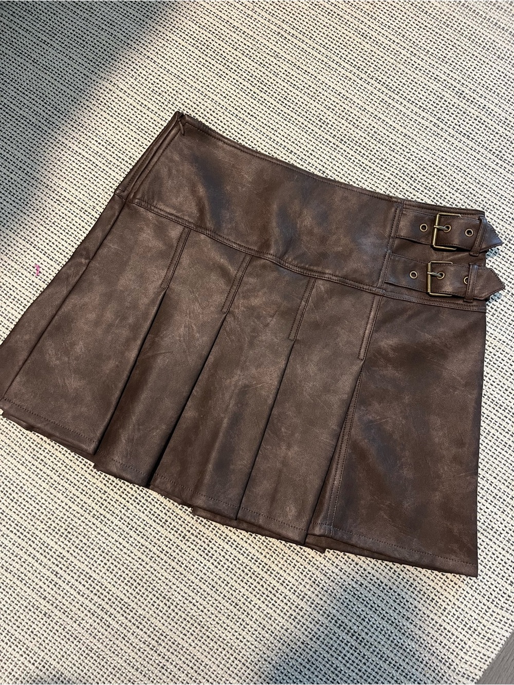 Brown Faux Leather Pleated Mini Skirt